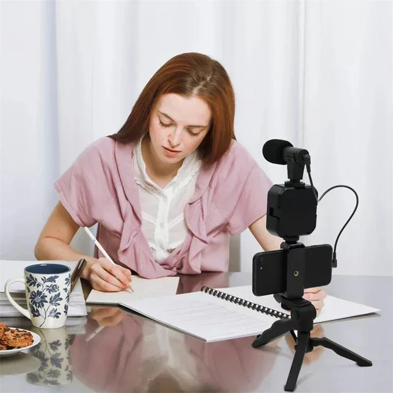 AY49 Smartphone Vlogging Kit Tripod Phone Holder Mini Microphone LED Fill Light Starter For Live Stream Video YouTub