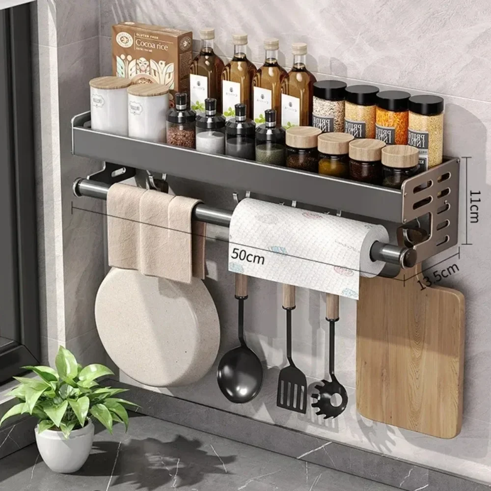 Wall Mounted Kitchen Storage Rack Space Aluminum Waterproof Household Knife Holder No Punching Required Seasoning Storage Shelf 6
