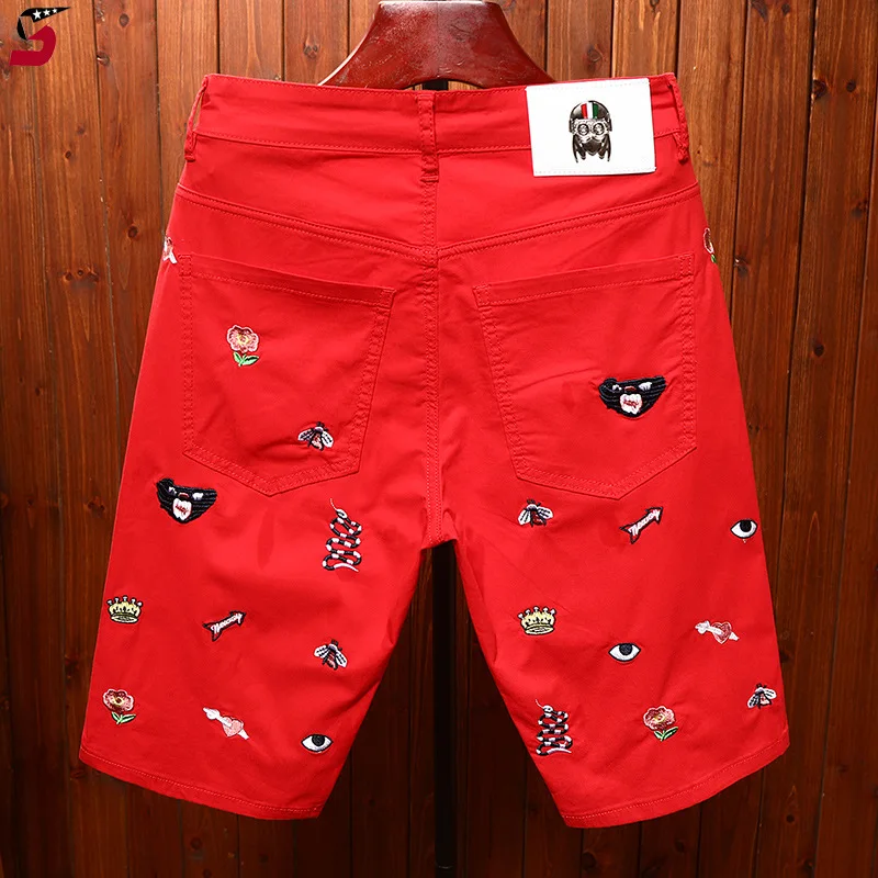 Red jeans shorts for men's summer embroidered slim fit straight leg elastic personalized street trend denim capris