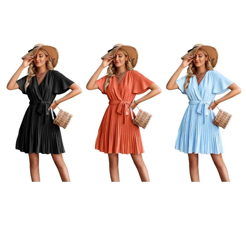 

Women Ruffle Short Sleeve Solid Color Wrap V-Neck Pleated Mini Dress with Belt