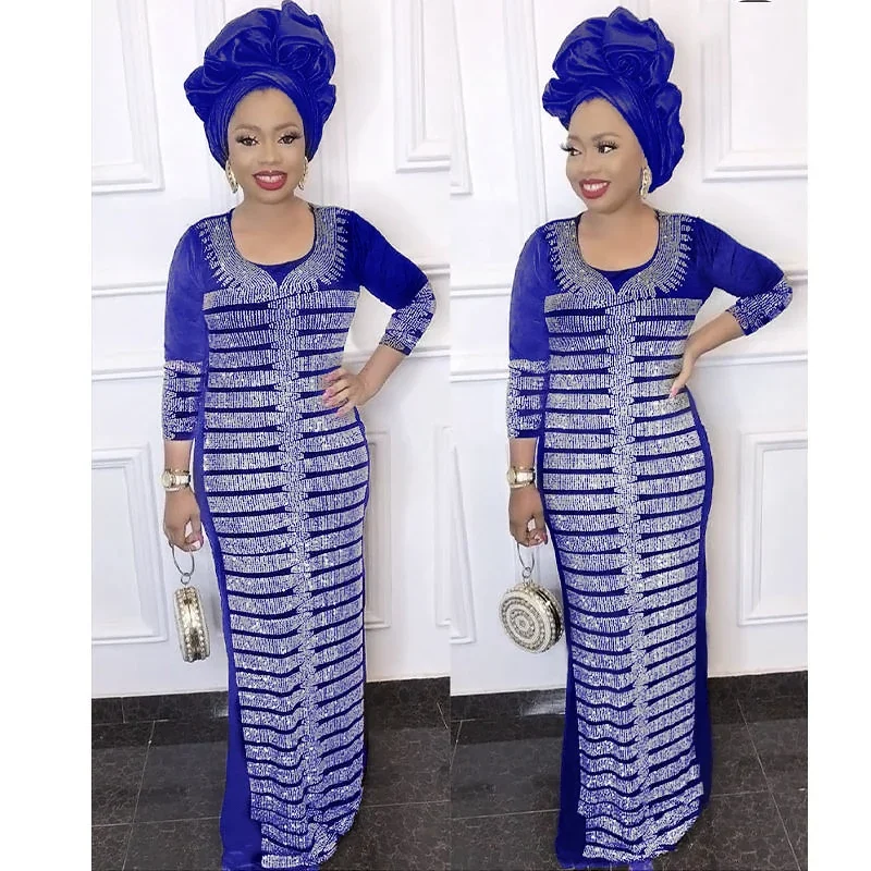 African Dress New Fashion Velvet Stone Long Dress Big Elastic Long Without Scarf