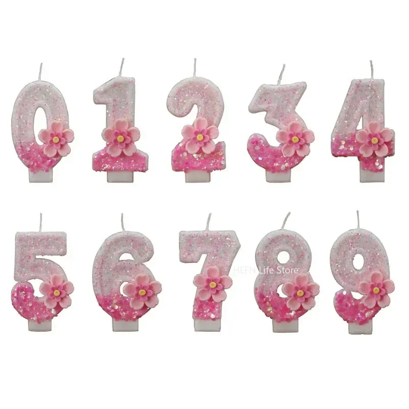 Digital Candles with Pink Flowers, Birthday Candles, Party Atmosphere, Scene Decorations, Home Decoration, 0-9, 1Pc
