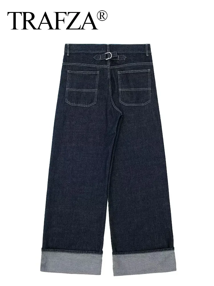 HH Women Fashion High Street Jeans Denim Dark Blue High Waist Zipper Fly Rolled Leg Trouser Loose Casual Wide Leg Pant Jeans