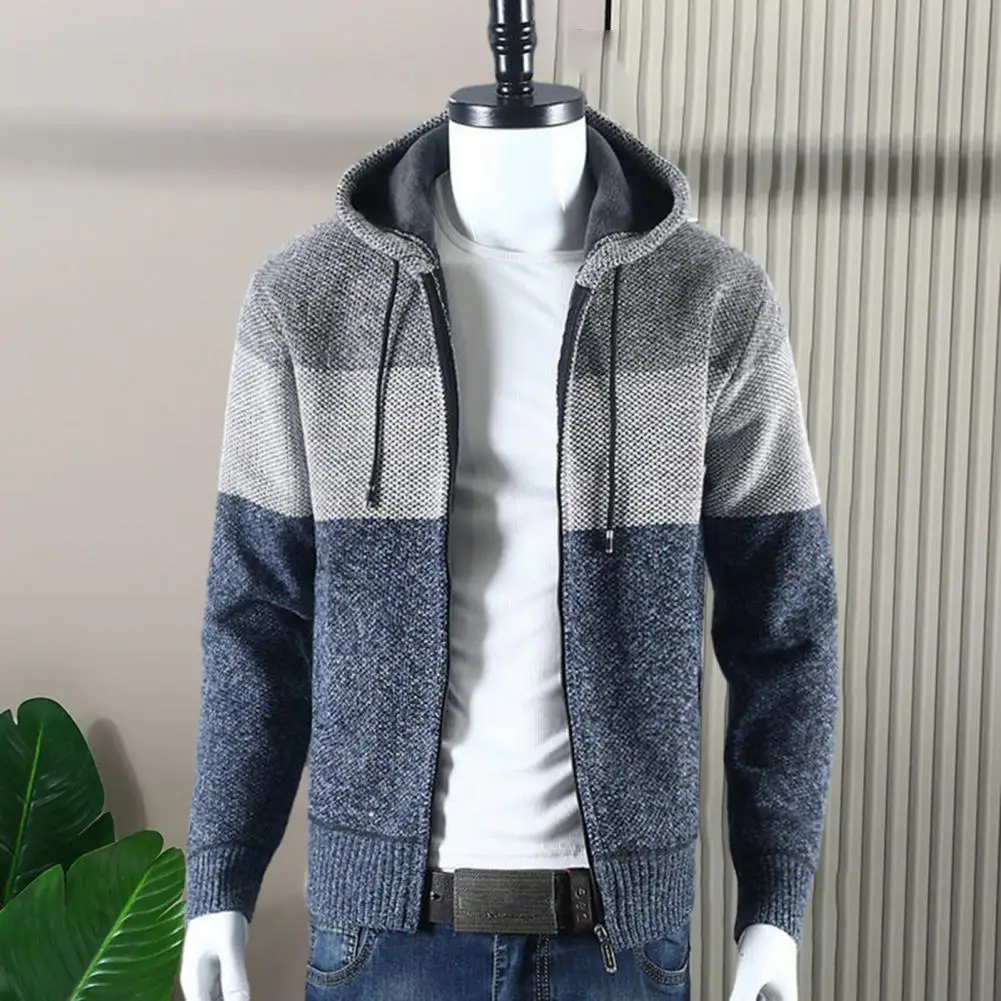 Description Picture 4 of itemMen Winter Autumn Sweater Jacket Colorblock Knitted Hooded Drawstring Thick Long Sleeve Warm Zipper Closure Men Cardigan Coat