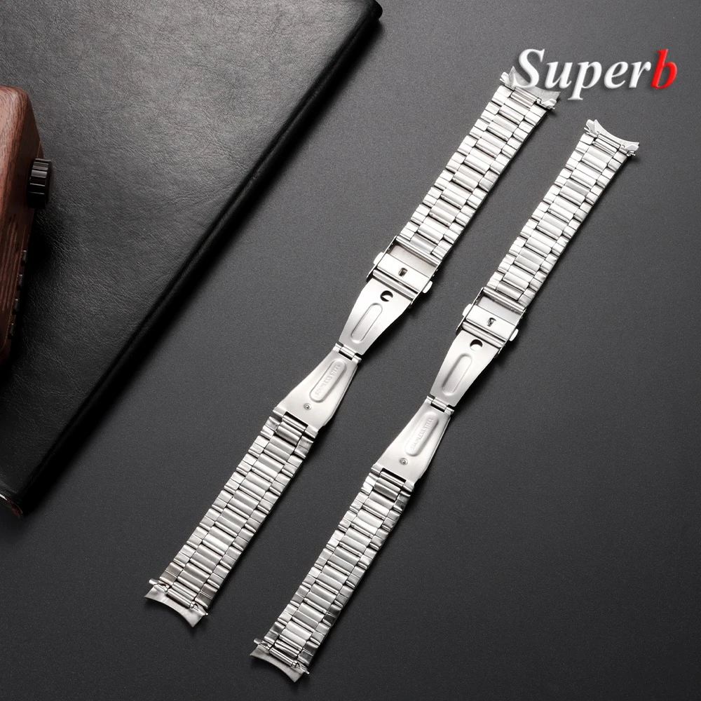 Curved End Stainless Steel Watchband with Folding Buckle - Men's Bracelet