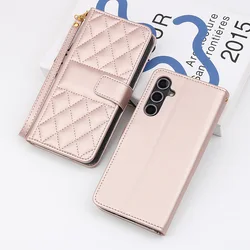 Premium Checkered Leather Phone Case with Card Slot Wallet Cover for Galaxy A23 4G 5G (Rose Gold)