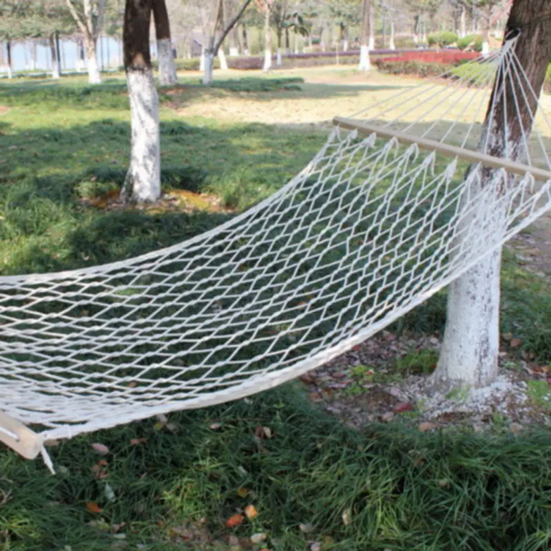 Outdoor Mesh Hammock Single Cotton Thread Solid Wood Stick Hammock Indoor Swing Wooden Stick Cotton String Double Hammock Net P