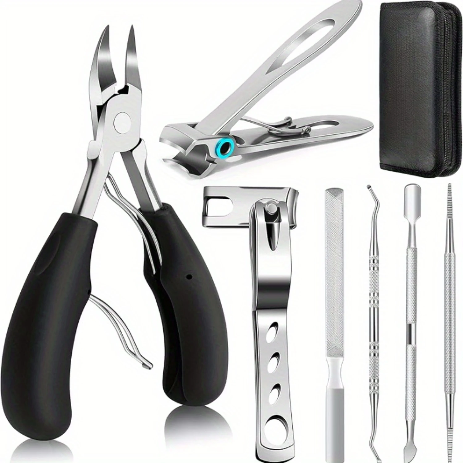 Toenail Clippers Set for Thick Nails, Ingrown Toenail Treatment Kit with Non-Slip Handle, &deg; Rotating Clipper, Lifter, File & Pu
