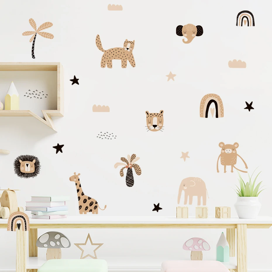 Boho Cartoon Rainbows Star Funny Animal Faces Watercolor Nursery Sticker Wall Decals Kids Boys Girls Room Home Decor