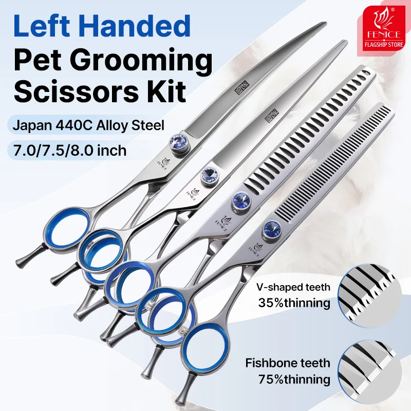Fenice Professional 7.0/7.5/8 Inch JP440C Steel Left Hand Shears Blue Diamond Double Tail Nail Scissors Set for Pet Dog Grooming dog grooming scissors
