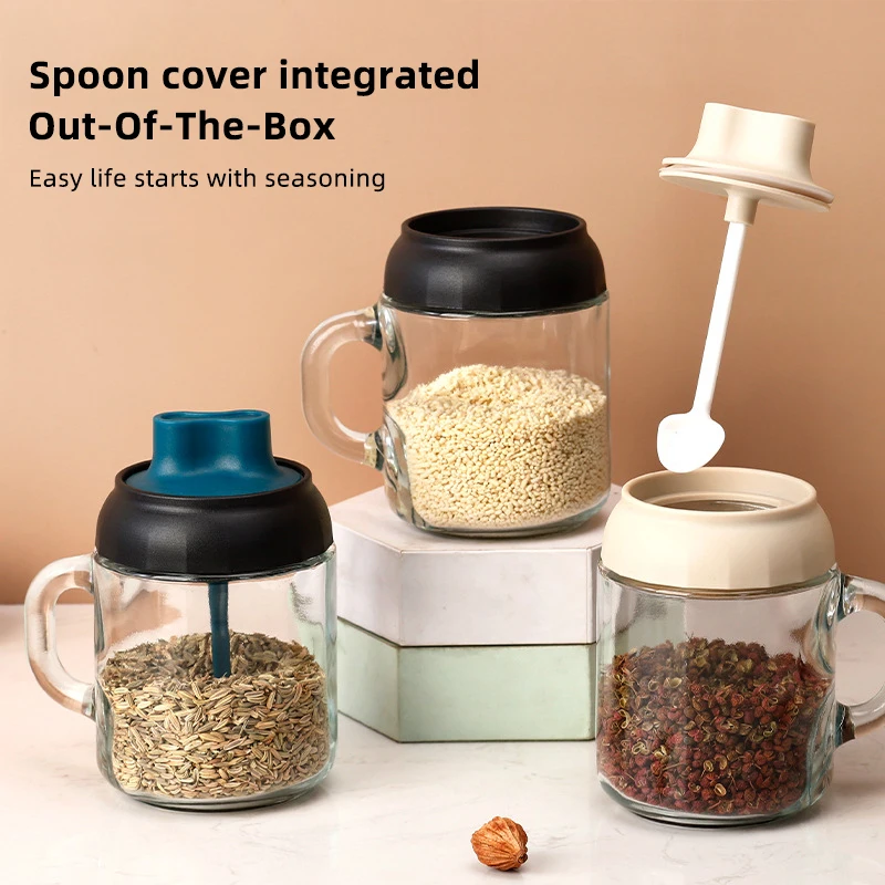 

Obelix Glass Seasoning Bottle Kitchen Salt Sugar Bottle Transparent Oil Bottle Spoon Lid Integrated Household Seasoning Jars