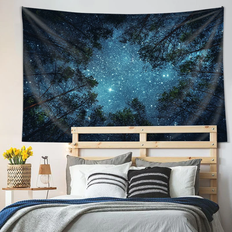 

Forest Starry Tapestry Moonlight Night Psychedelic Bohemian Decoration Wall Hanging Bedroom Dormitory Living Room Background Wal