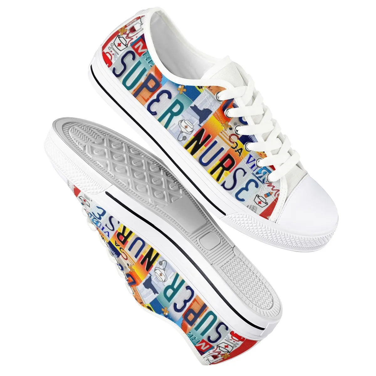 License Plate Super Nurse Shoes Ladies Lace-up Casual Shoes Breathable Walking Canvas Shoes New Style Women Vulcanized Flat