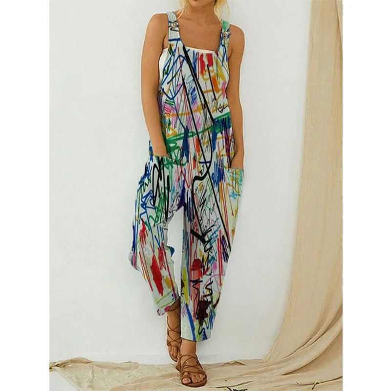 Summer New Women's Retro Abstract Print Women's Suspenders Large Size Jumpsuit