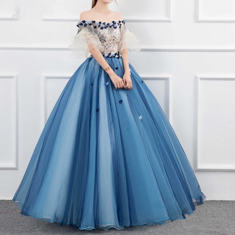 

Elegant Slash Neck Flower Appliques Slim Waist A-line Ball Gown Exquisite Floral Embroidery Appliques Gown Long Tiered Vestidos