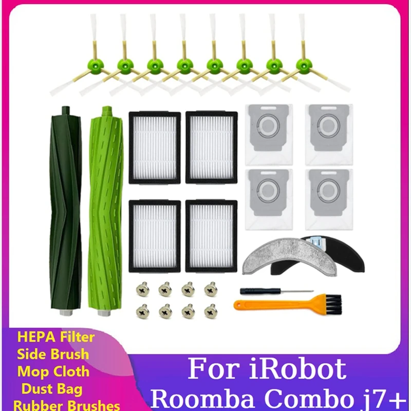 

22PCS Replacement Accessories For Irobot Roomba Combo J7+ Vacuum Cleaner Rubber Brushes Filters Side Brush Mop Cloth Dust Bag