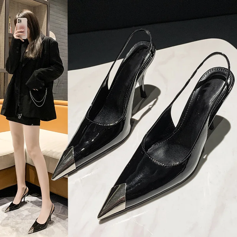 

New Summer Metal Point Toe Stiletto Lady Casual Designer High Heels for Women Black Leather Stripper Slingback Prom Evening Pump