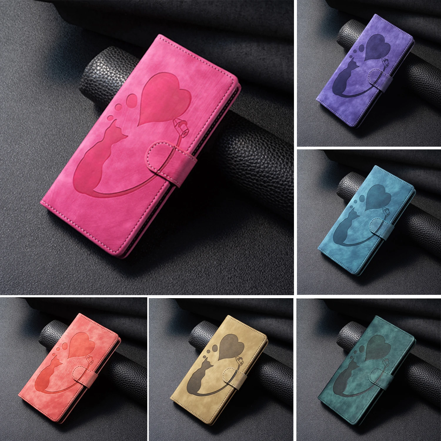 Emboss Cat Flip Leather Cards Solt Wallet Book Case Per Samsung Galaxy A15 A25 A55 A35 A05S A54 S24 Ultra S23 Fe S22 Plus Cover