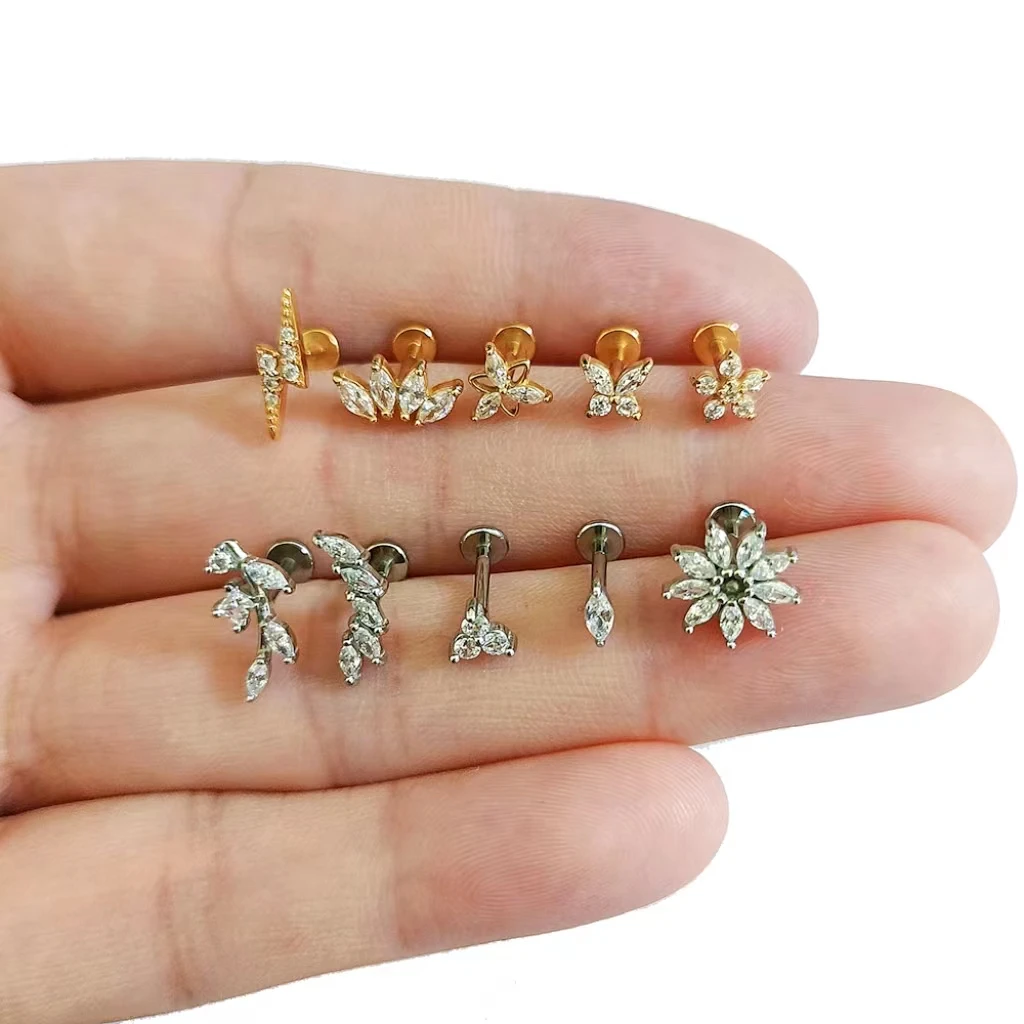 Titanium Flower Moon Butterfly Threadless Piercing Lightning Pin Push in Lip Stud Daith Conch Earring 16G 18G 20G piercing jewelry