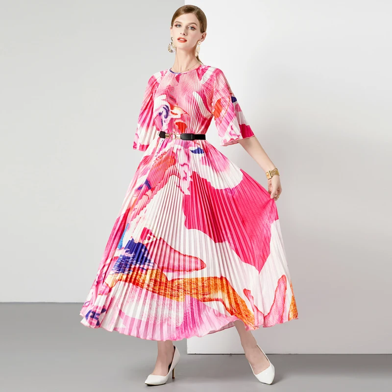 

Miyake Pleated 2023 New Fashion Elegant Loose Casual A Line Dress Female O Neck Flare Sleeve Printed Beach Holiday Dresses