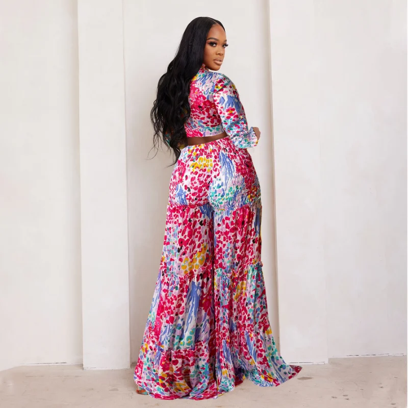 Fashion Print Ruffles Chiffon Two Piece Set Women Open Stitch Long - Technical View