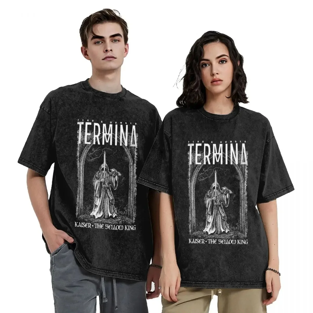 Washed T Shirt Fear And Hunger Termina Kaiser The Yellow King Hip Hop T-Shirt Harajuku Streetwear 100% Cotton Tee Shirt for Men men t shirts