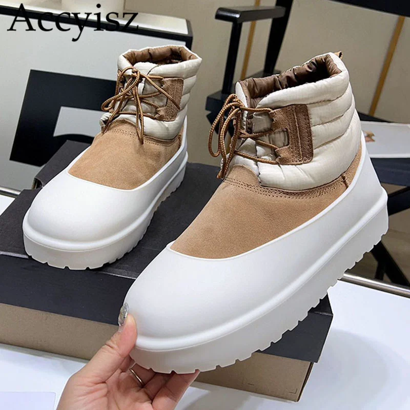 

Ботинки женские зимние на толстом каблуке, Лоскутные, с круглым носком, на шнуровке, высокие короткие сапоги, зимние шерстяные ботинки до щиколотки, унисекс