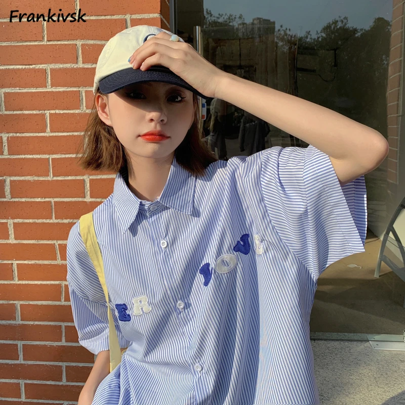 

Shirts Women Clothing Short Sleeve Striped Causal Korean Style All-match Comfortable Baggy Vintage Summer Chic Streetwear Daily