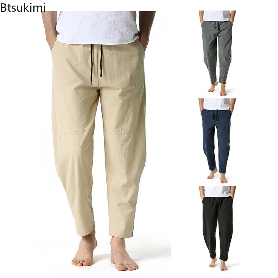 

New 2023 Cotton Linen Spring Summer Pants Men Casual Lightweight Japanese Streetwear Elastic Waist Joggers Men Yoga Pants Home