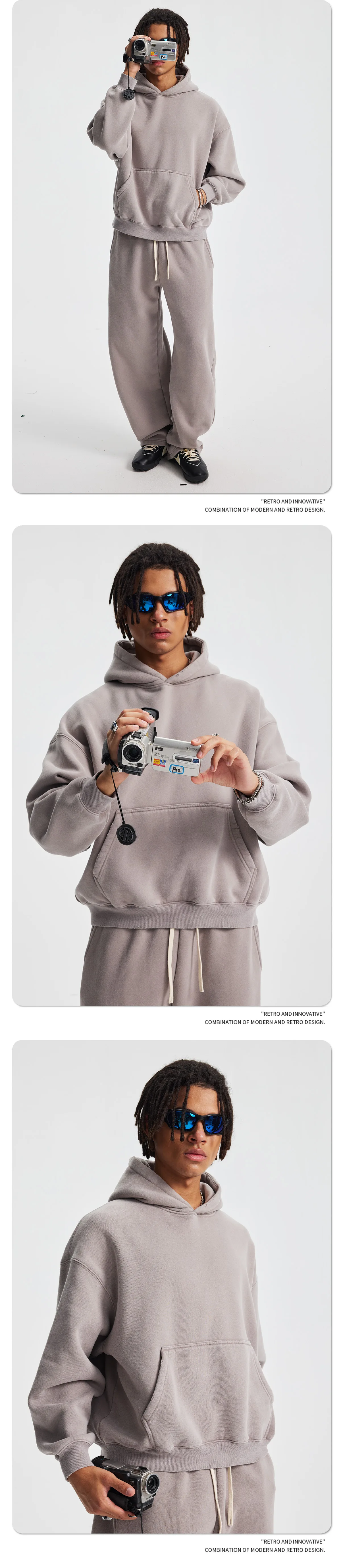 Custom LOGO men's new short BOXY version 370G heavy fleece worn old hooded sweater scimitar wide leg trousers couple suit