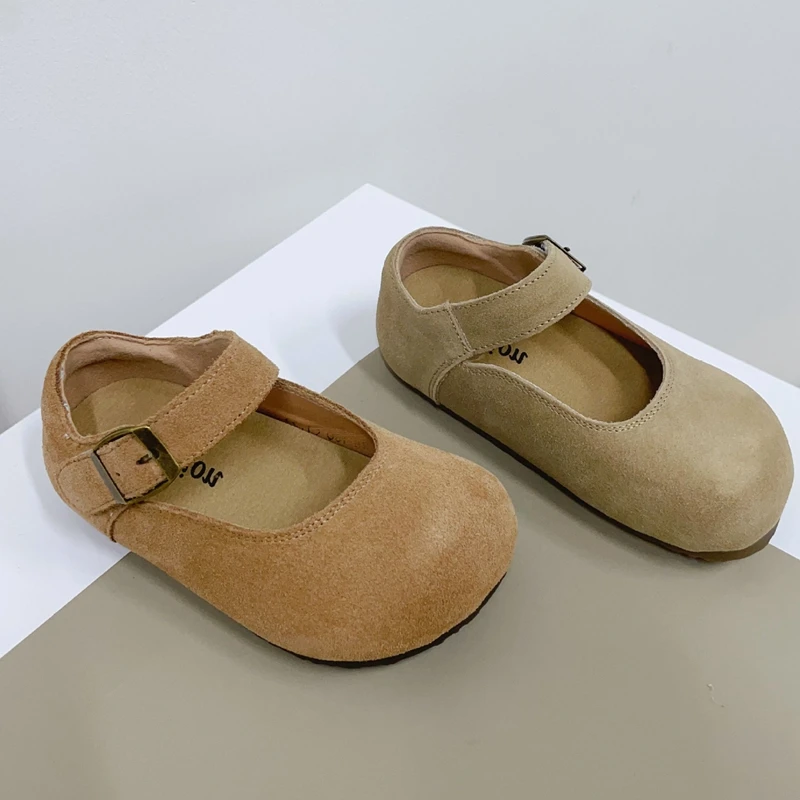 High Quality Children's Woman Flats Solid Simple Wide-toe Suede Genuine  leather Shoes 2024 Spring New Girls Breathable Birkenst