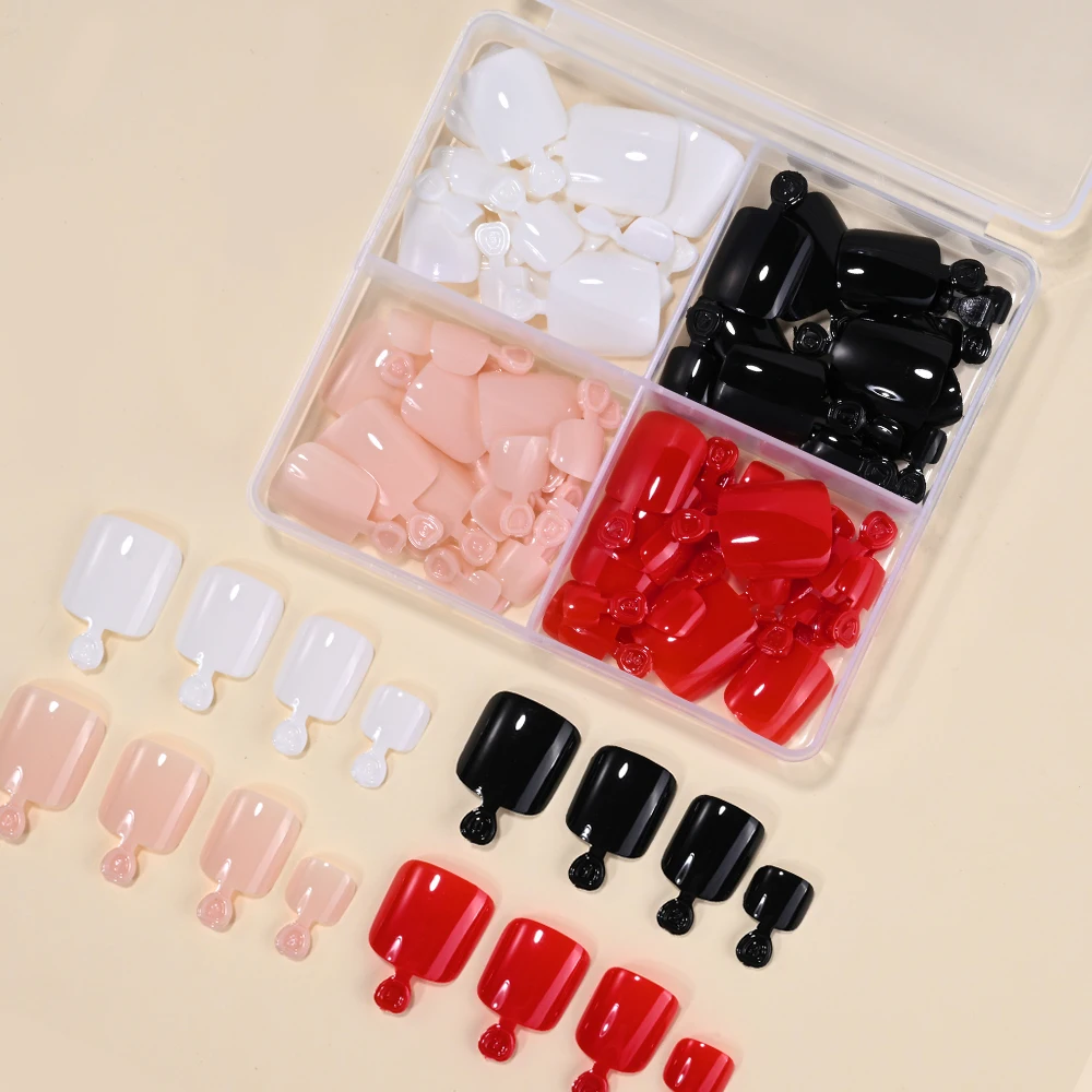 96 Stück/Box Einfarbige Schwarze/Weiße/Rosa Glänzende Sommer Aufklebenägel für Zehen Kurze Quadratische Französische Vollabdeckung Künstliche Zehennägel Falsche Fußnägel @ – Detail 7
