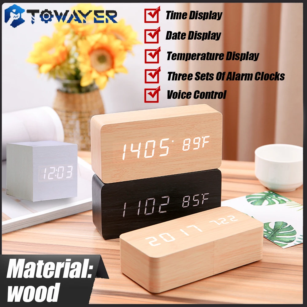 Alarm Clock Led Wooden Digital Table Clock Voice Control Wood