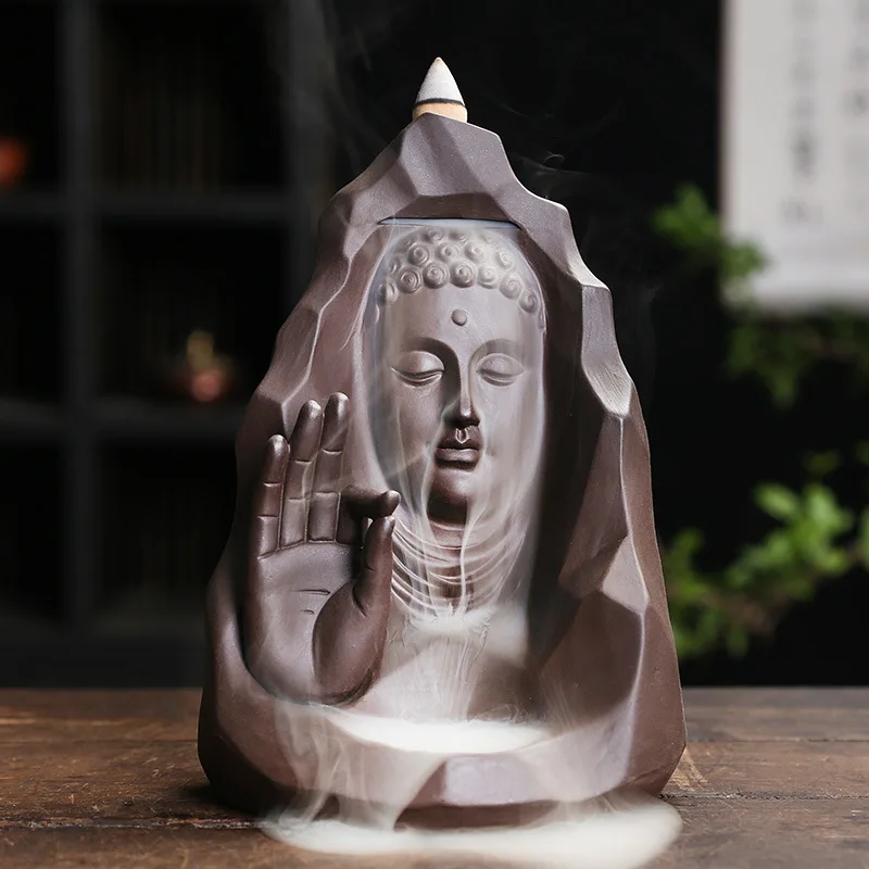 Buddha Purple Clay Handicrafts Fingered Citron Waterfall Backflow Incense Burner Home Decor Incense Stick Holder Ceramic Censer