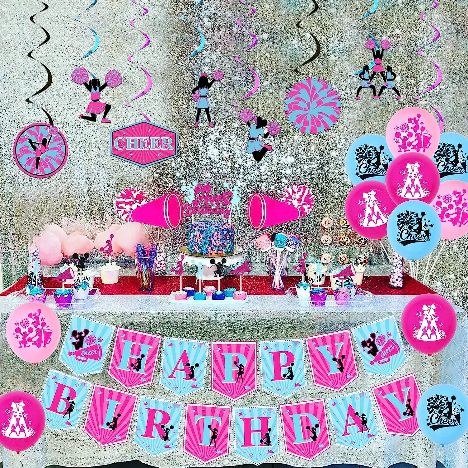 Cheerleading Theme Birthday Party Decorations for Girls Hot Pink Blue Happy Birthday Banner Cheerleader Hanging Swirls Balloons
