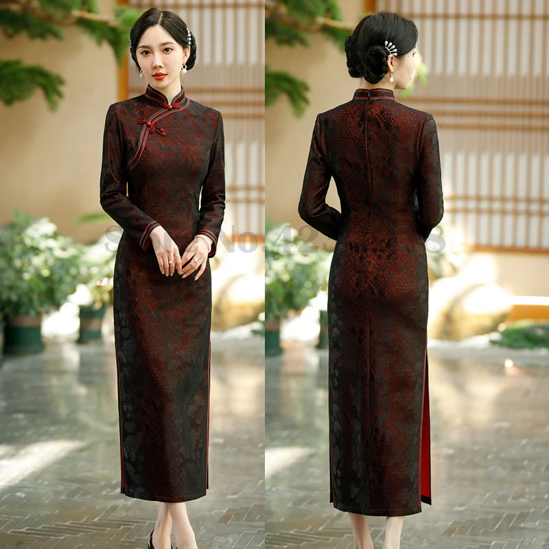 

Long Lace Burgundy Qipao Women's Sexy Slim Retro Cheongsam Large Size Chinese Traditional Dress Female Elegant Sheath Vestidos