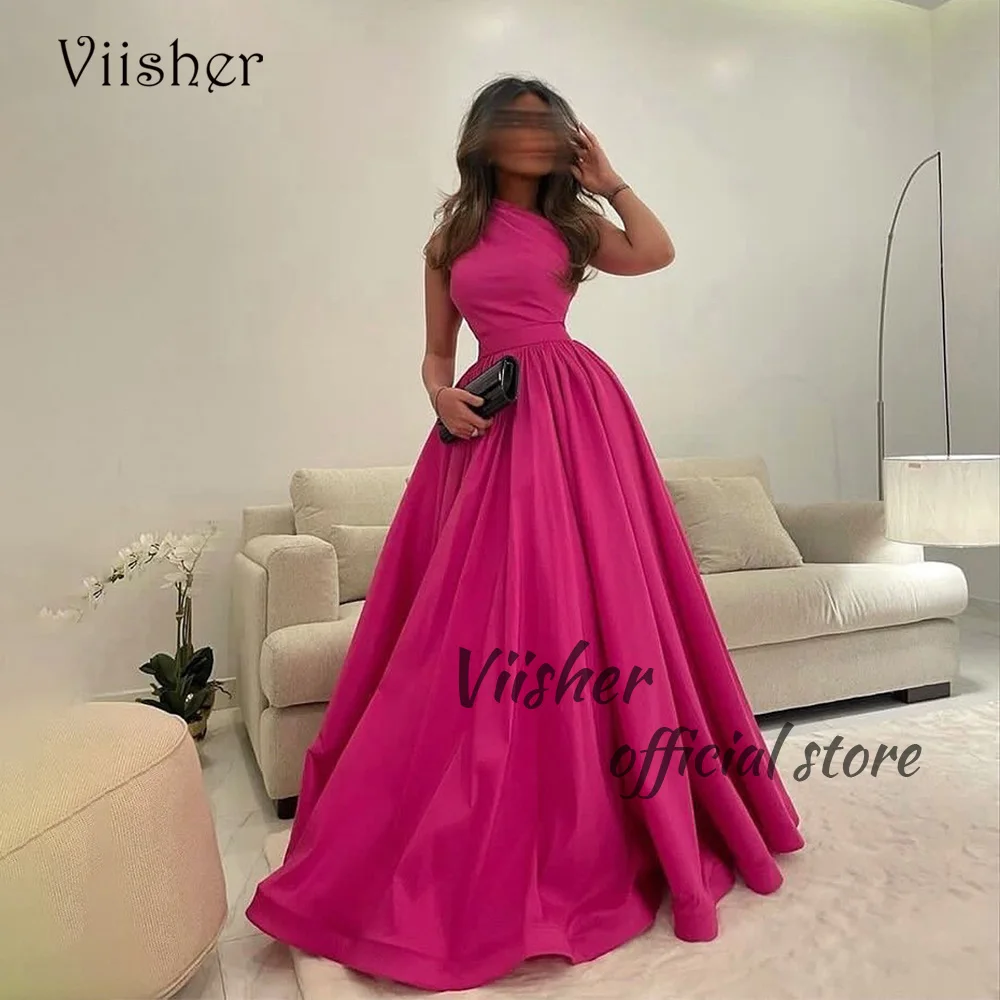 

Viisher Fuchsia One Shoulder Prom Dresses Draped Satin A Line Long Formal Party Gowns Floor Length Arabic Dubai Evening Gown