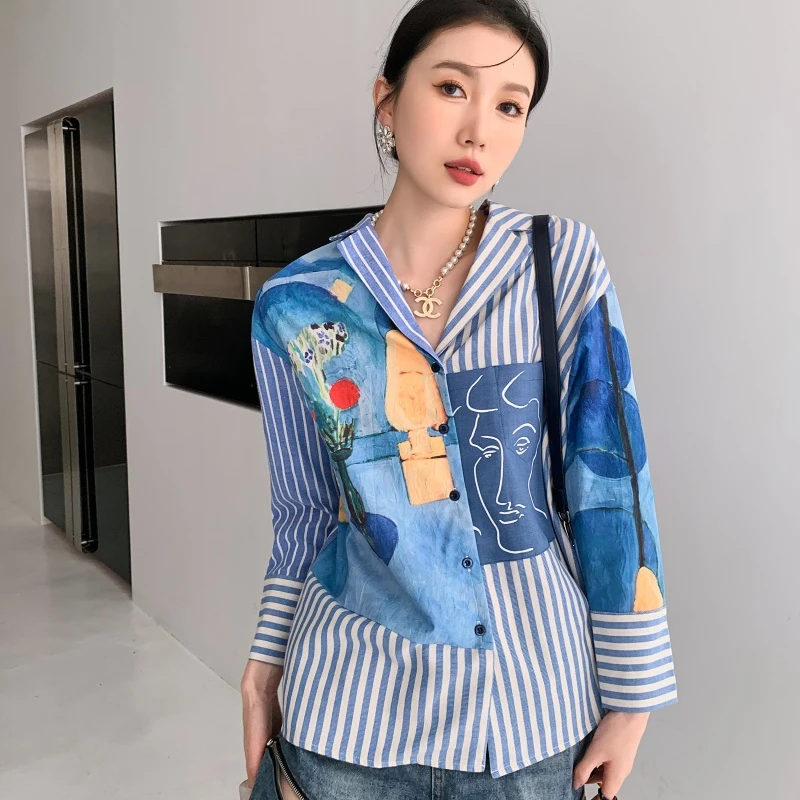 

ZCSMLL Spring new vintage oil painting print mosaic stripe asymmetric shirt women's long sleeved shirt korean fashion 2022 tide
