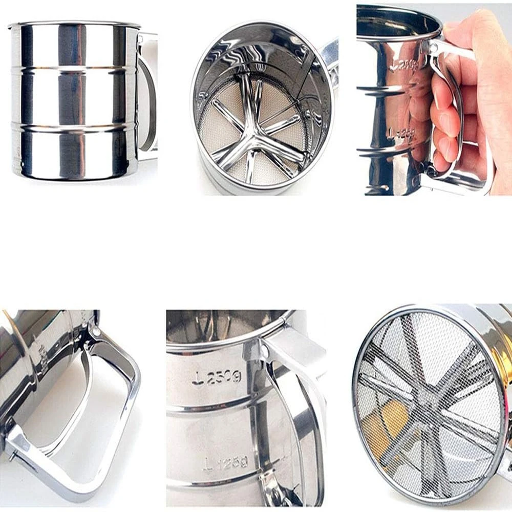 Stainless Steel Flour Sifter Semi-automatic Hand Flour Sieve Shakers Cup Baking Coffee Powder Sugar Powder Sieve Kitchen Tools