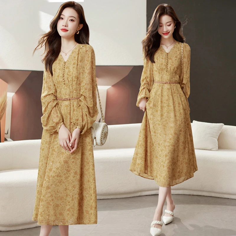 

2023 Autumn French Chiffon Floral Dress New Long Sleeve Printed V-Neck A-line High Waist Lantern Sleeve Pleated Dress