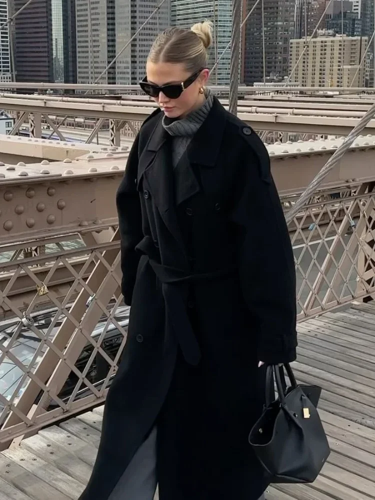 Women Oversize Loose Double Button Lapel Overcoat Fashion Black Woolen Long Coat With Belt Autumn New Street Female Outerwear 4