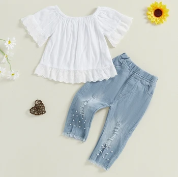 Toddler Kids Lace Outfit Children Summer Clothes Baby Girl Blouse Tops Shirt Denim Long Pants Jeans 2Pcs Outfits Clothes Set 2