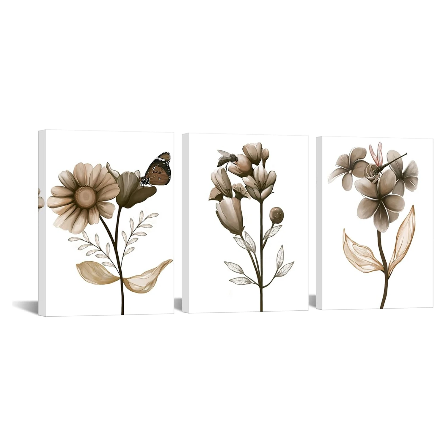 

3-piece set of flower canvas wall art decoration frame can hang brown flower painting art prints, transparent flowers and butter