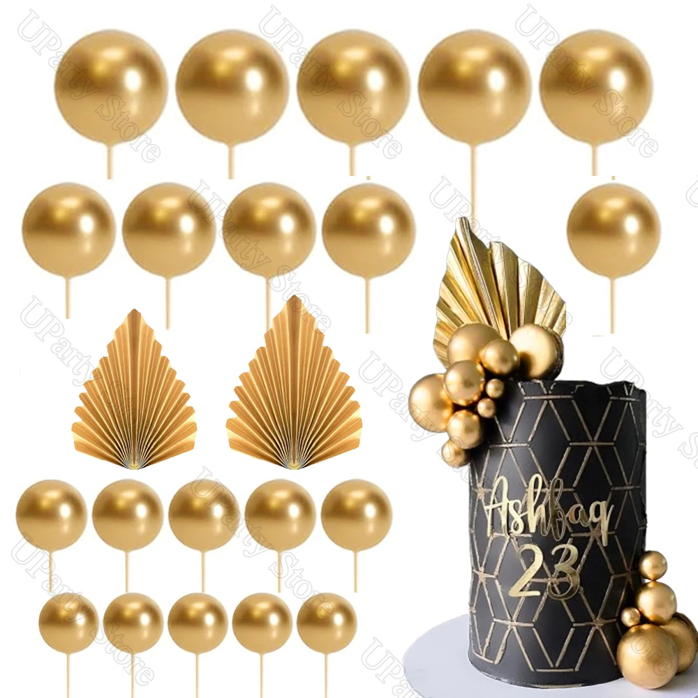 Set Decorazioni Per Torta Boho: Palline Oro E Nere, Foglie Di Palma, Erba E Scritta Happy Birthday