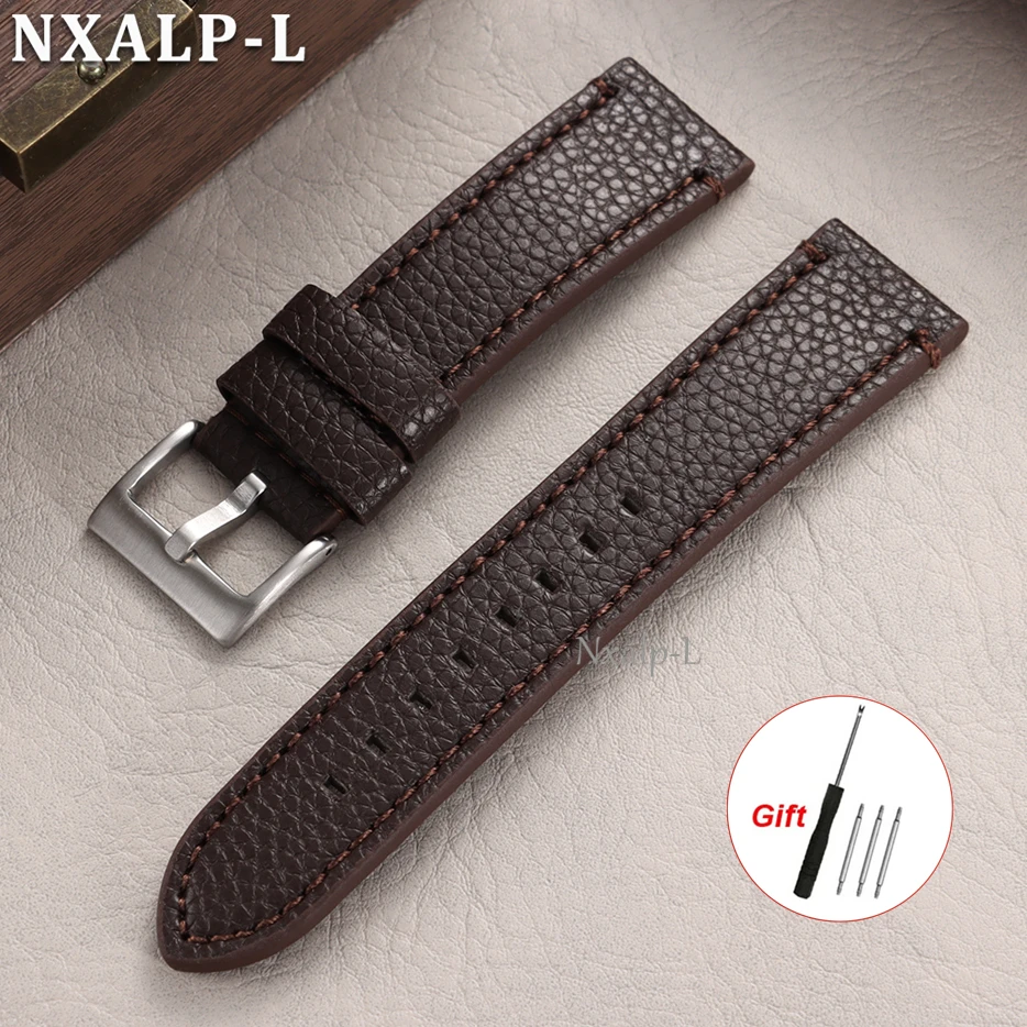 Lychee Pattern Genuine Leather Watch Band with Stitching and Metal Buckle