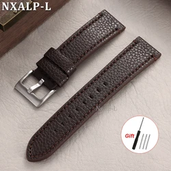 Lychee Pattern Genuine Leather Watch Band with Stitching and Metal Buckle - 22mm (Dark Brown)