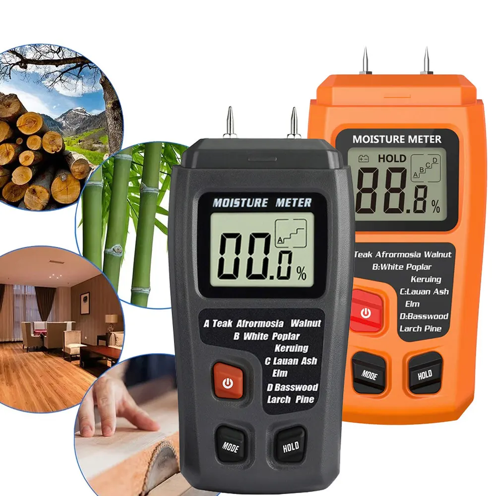 Wood Moisture Meter Digital, 4 Measurement Modes, Backlit LCD Display, Spindle Leak Detector for Firewood, Logs, Walls, Caravans