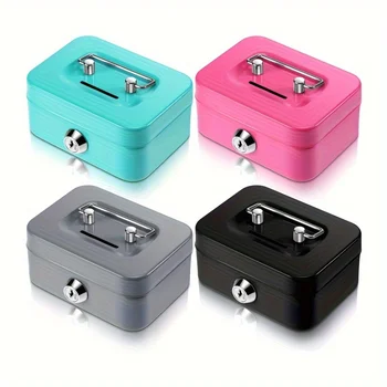 Metal Cash Box with Key Lock - Secure Coin Storage & Piggy Bank for Office/Home, Includes Handle 1
