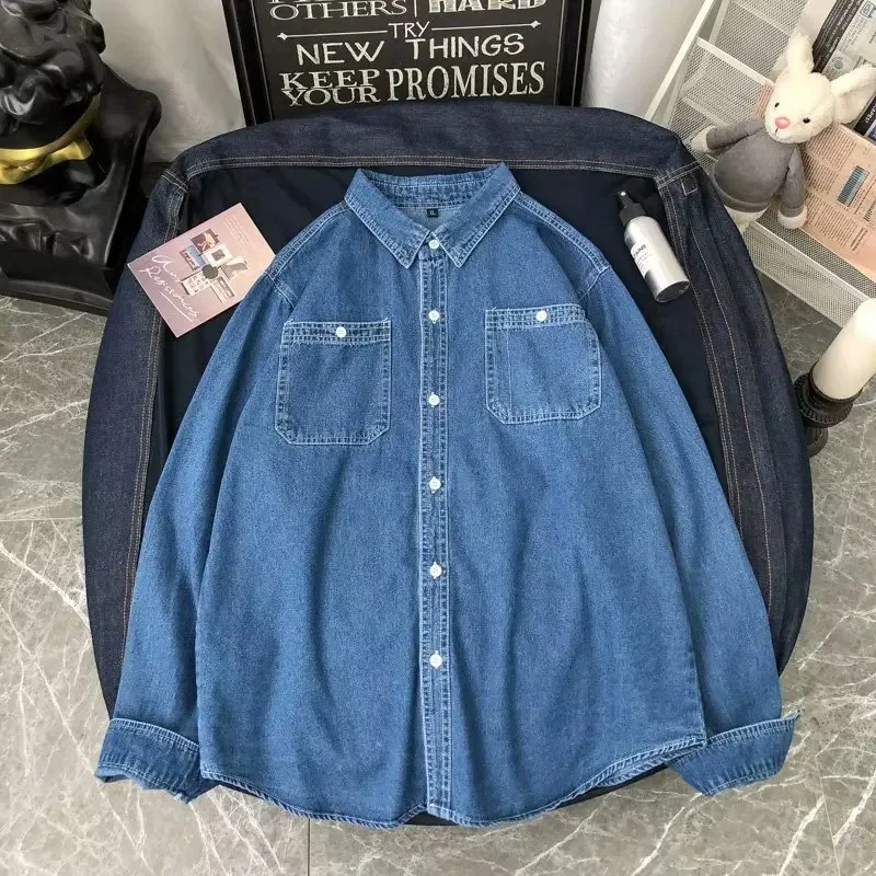 Spring Denim Shirt Men's Korean Long Sleeve Student Couple Thin Jacket Casual Minimalist Style