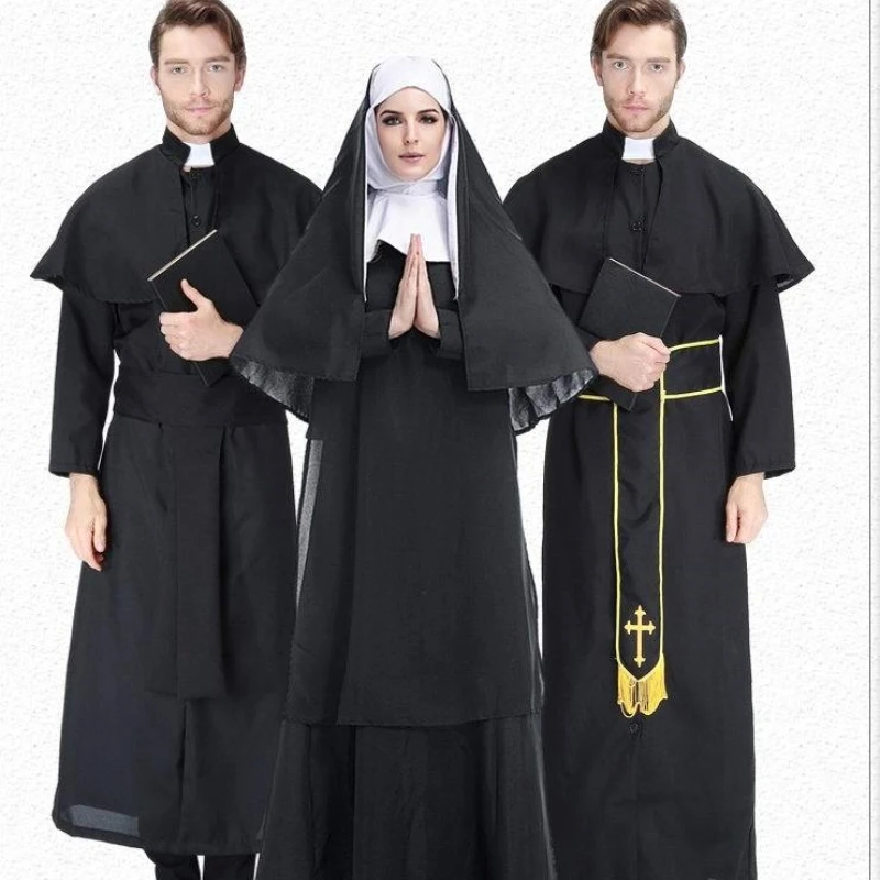 

Hot sale Halloween cosplay costumes, priests and nuns, high degree of restoration, adult men and women black robes, cos costumes